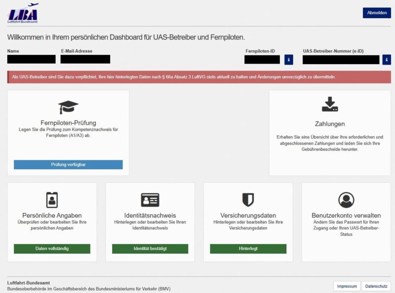 Dashboard im LBA-Portal mit UAS-Betreiber-Nummer (e-ID), Identitätsnachweis und Versicherungsdaten